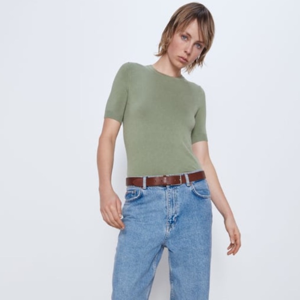 Zara Basic Short Sleeved Knit Top Light Green